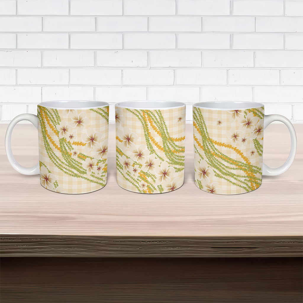 Melemele Ahiahia Hawai'i Palaka Plumeria Ceramic Mug Puakenikeni and Maile Lei