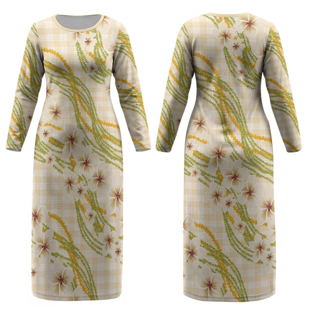 Melemele Ahiahia Hawai'i Palaka Plumeria Couples Matching Long Sleeve Bodycon Dress and Long Sleeve Button Shirt Puakenikeni and Maile Lei LT9 - Polynesian Pride