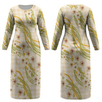 Melemele Ahiahia Hawai'i Palaka Plumeria Couples Matching Long Sleeve Bodycon Dress and Long Sleeve Button Shirt Puakenikeni and Maile Lei LT9 - Polynesian Pride