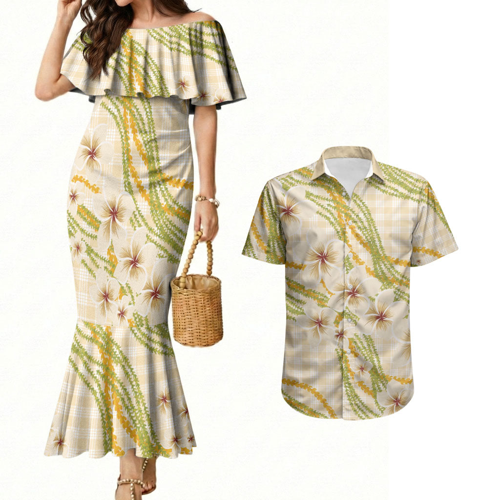 Melemele Ahiahia Hawai'i Palaka Plumeria Couples Matching Mermaid Dress and Hawaiian Shirt Puakenikeni and Maile Lei LT9 Pastel Yellow - Polynesian Pride
