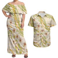 Melemele Ahiahia Hawai'i Palaka Plumeria Couples Matching Off Shoulder Maxi Dress and Hawaiian Shirt Puakenikeni and Maile Lei LT9 Pastel Yellow - Polynesian Pride
