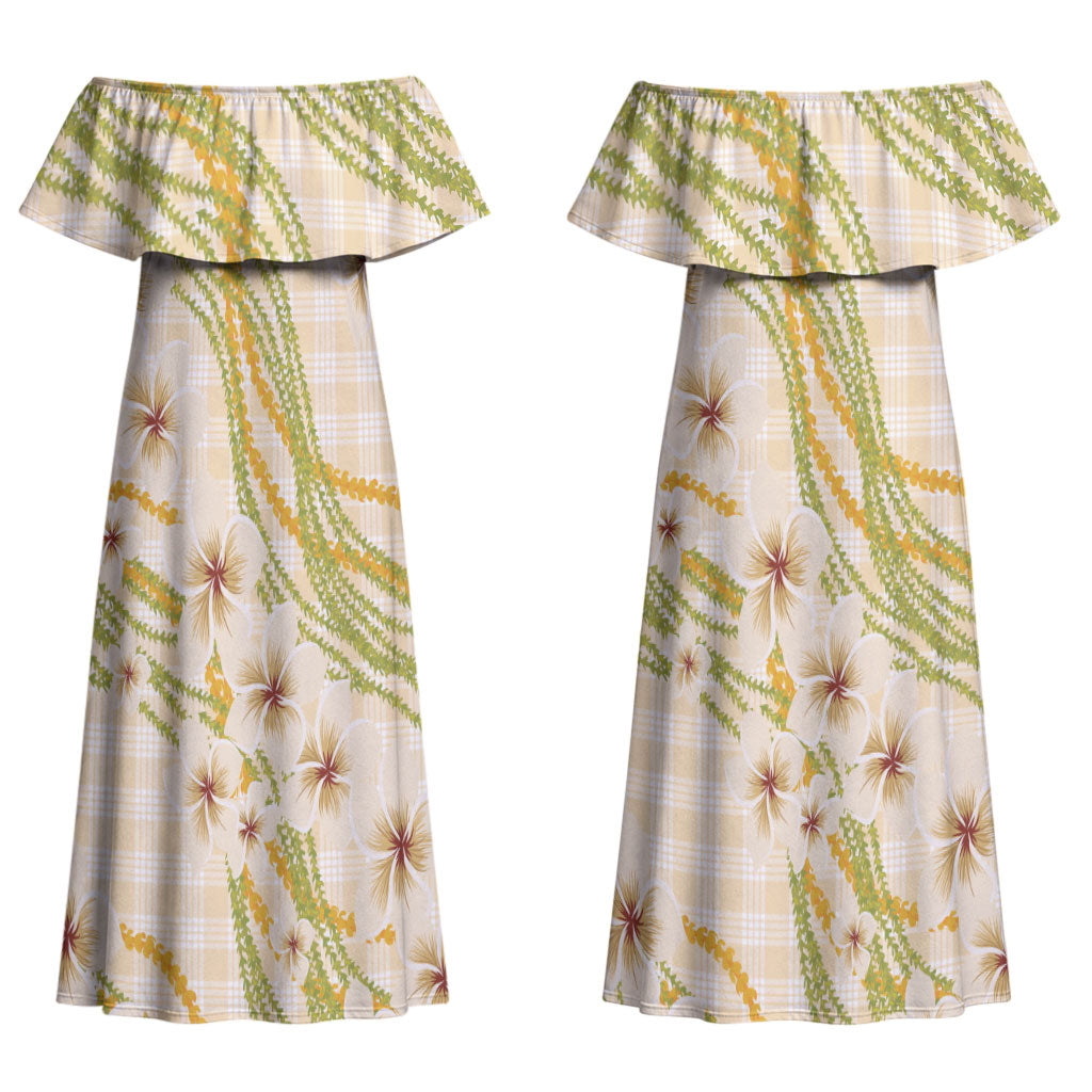 Melemele Ahiahia Hawai'i Palaka Plumeria Couples Matching Off Shoulder Maxi Dress and Hawaiian Shirt Puakenikeni and Maile Lei LT9 - Polynesian Pride