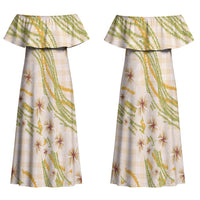 Melemele Ahiahia Hawai'i Palaka Plumeria Couples Matching Off Shoulder Maxi Dress and Hawaiian Shirt Puakenikeni and Maile Lei LT9 - Polynesian Pride