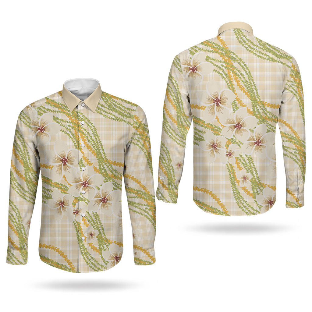 Melemele Ahiahia Hawai'i Palaka Plumeria Couples Matching Off Shoulder Maxi Dress and Long Sleeve Button Shirt Puakenikeni and Maile Lei LT9 - Polynesian Pride