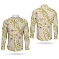 Melemele Ahiahia Hawai'i Palaka Plumeria Couples Matching Off Shoulder Maxi Dress and Long Sleeve Button Shirt Puakenikeni and Maile Lei LT9 - Polynesian Pride