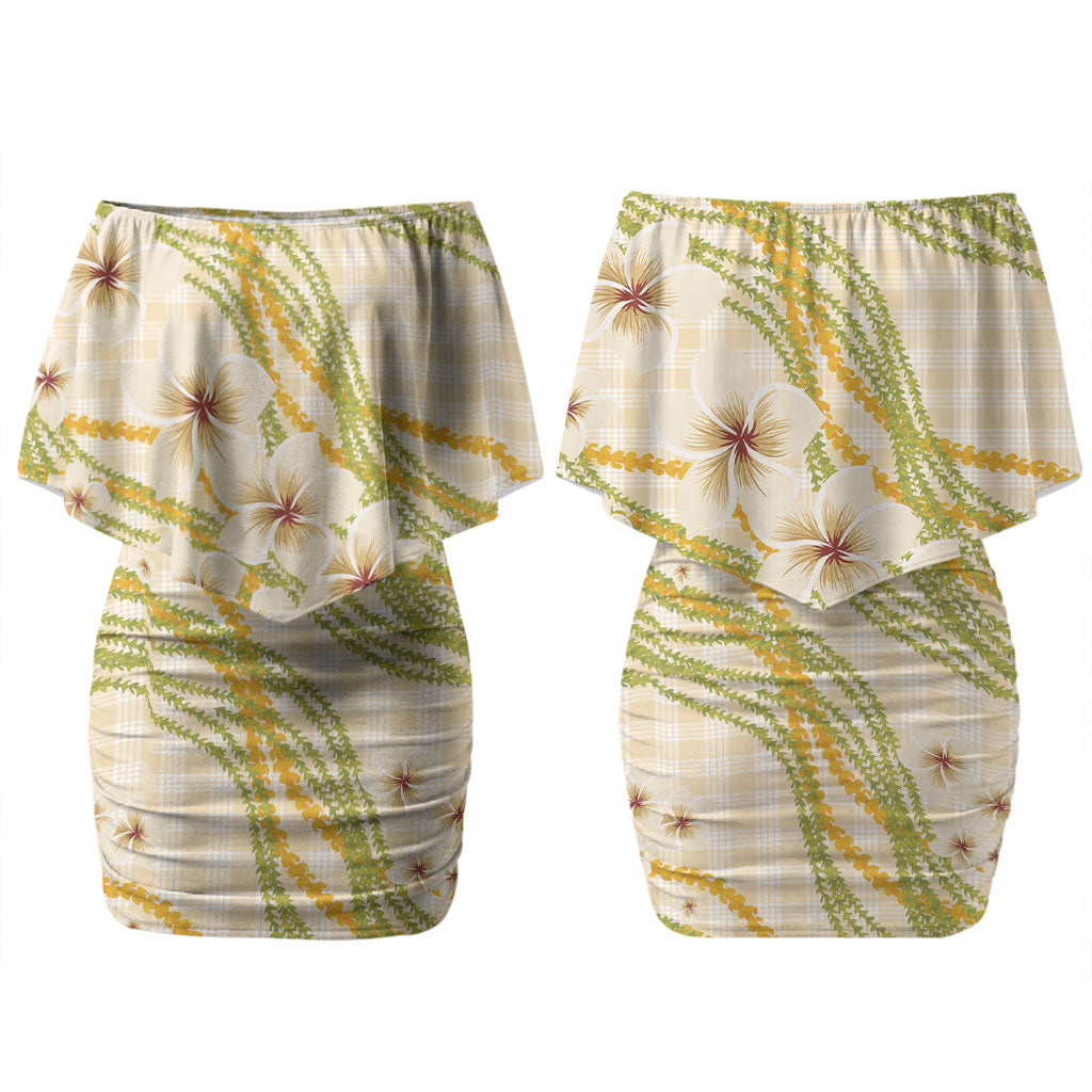 Melemele Ahiahia Hawai'i Palaka Plumeria Couples Matching Off Shoulder Short Dress and Hawaiian Shirt Puakenikeni and Maile Lei LT9 - Polynesian Pride