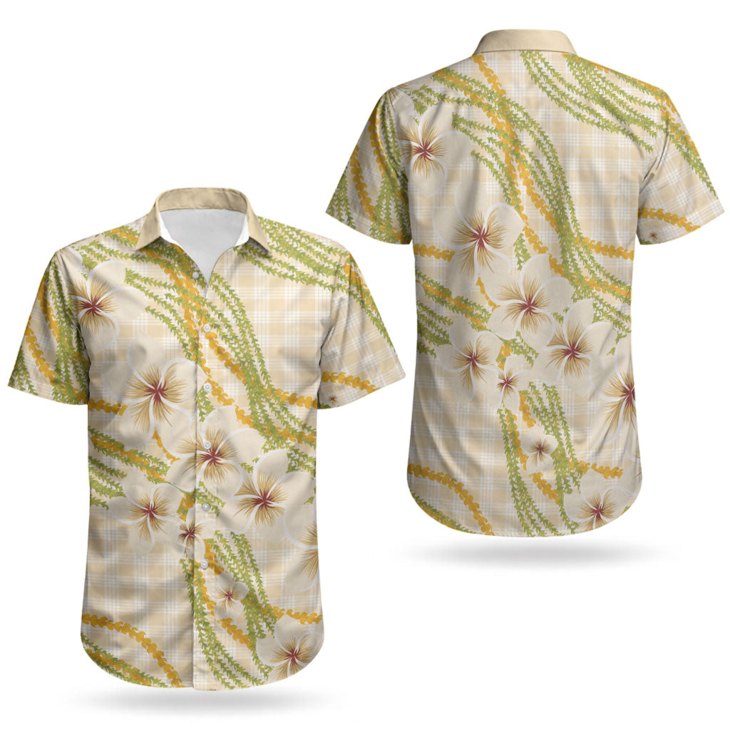 Melemele Ahiahia Hawai'i Palaka Plumeria Couples Matching Off Shoulder Short Dress and Hawaiian Shirt Puakenikeni and Maile Lei LT9 - Polynesian Pride