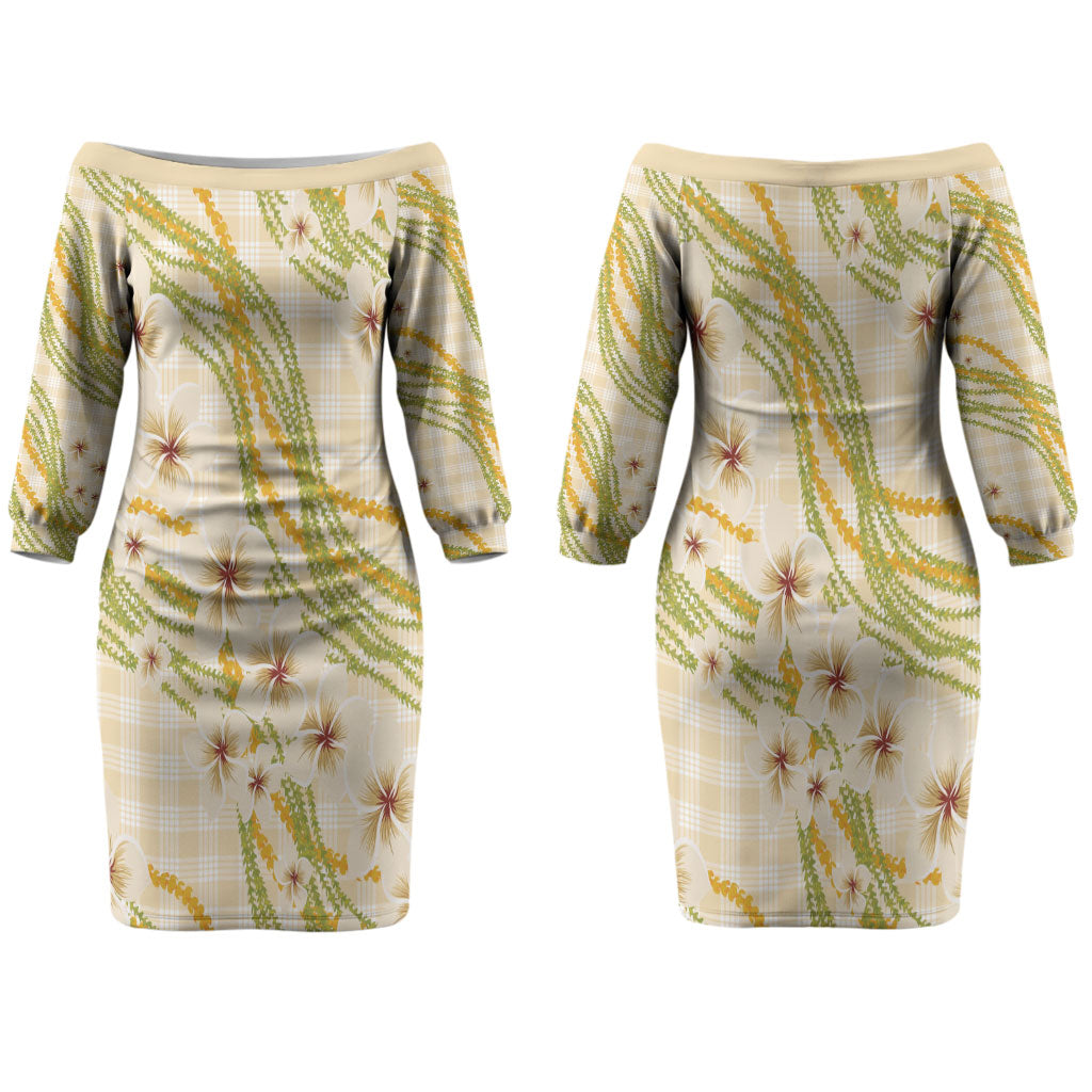 Melemele Ahiahia Hawai'i Palaka Plumeria Couples Matching Off The Shoulder Long Sleeve Dress and Hawaiian Shirt Puakenikeni and Maile Lei LT9 - Polynesian Pride