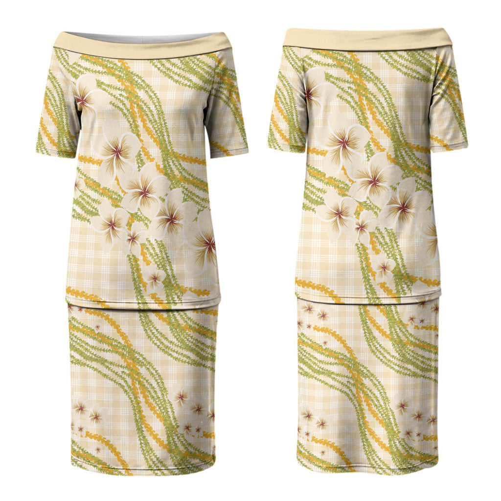 Melemele Ahiahia Hawai'i Palaka Plumeria Couples Matching Puletasi and Hawaiian Shirt Puakenikeni and Maile Lei LT9 - Polynesian Pride