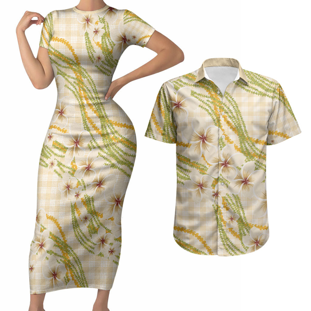 Melemele Ahiahia Hawai'i Palaka Plumeria Couples Matching Short Sleeve Bodycon Dress and Hawaiian Shirt Puakenikeni and Maile Lei LT9 Pastel Yellow - Polynesian Pride