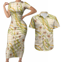 Melemele Ahiahia Hawai'i Palaka Plumeria Couples Matching Short Sleeve Bodycon Dress and Hawaiian Shirt Puakenikeni and Maile Lei LT9 Pastel Yellow - Polynesian Pride