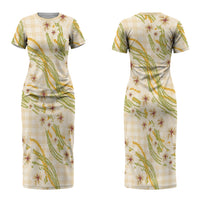 Melemele Ahiahia Hawai'i Palaka Plumeria Couples Matching Short Sleeve Bodycon Dress and Hawaiian Shirt Puakenikeni and Maile Lei LT9 - Polynesian Pride