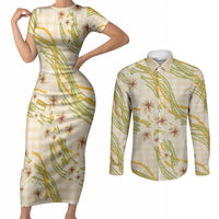 Melemele Ahiahia Hawai'i Palaka Plumeria Couples Matching Short Sleeve Bodycon Dress and Long Sleeve Button Shirt Puakenikeni and Maile Lei LT9 Pastel Yellow - Polynesian Pride
