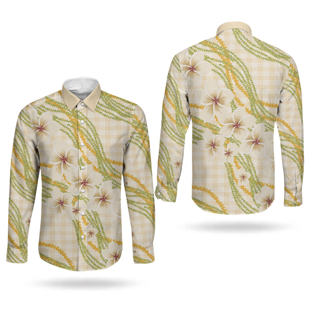 Melemele Ahiahia Hawai'i Palaka Plumeria Couples Matching Short Sleeve Bodycon Dress and Long Sleeve Button Shirt Puakenikeni and Maile Lei LT9 - Polynesian Pride