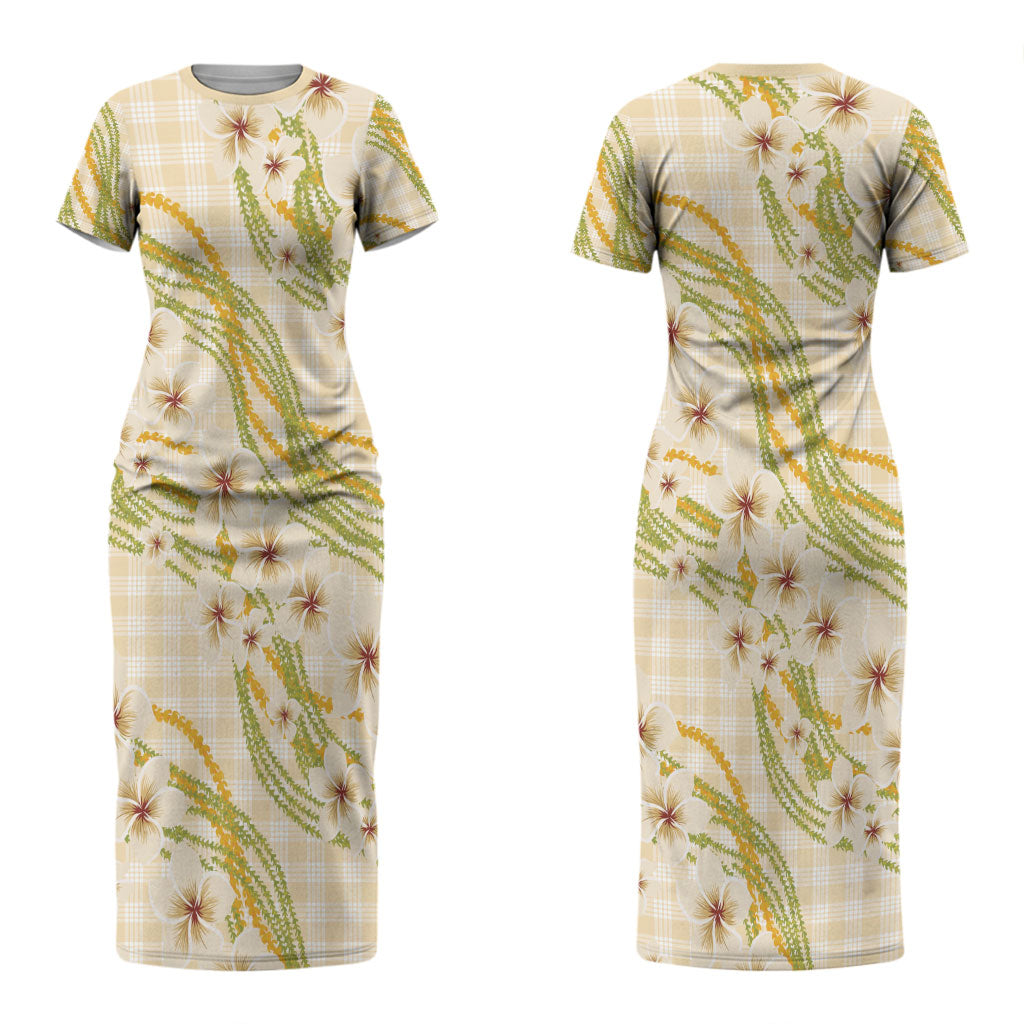Melemele Ahiahia Hawai'i Palaka Plumeria Couples Matching Short Sleeve Bodycon Dress and Long Sleeve Button Shirt Puakenikeni and Maile Lei LT9 - Polynesian Pride