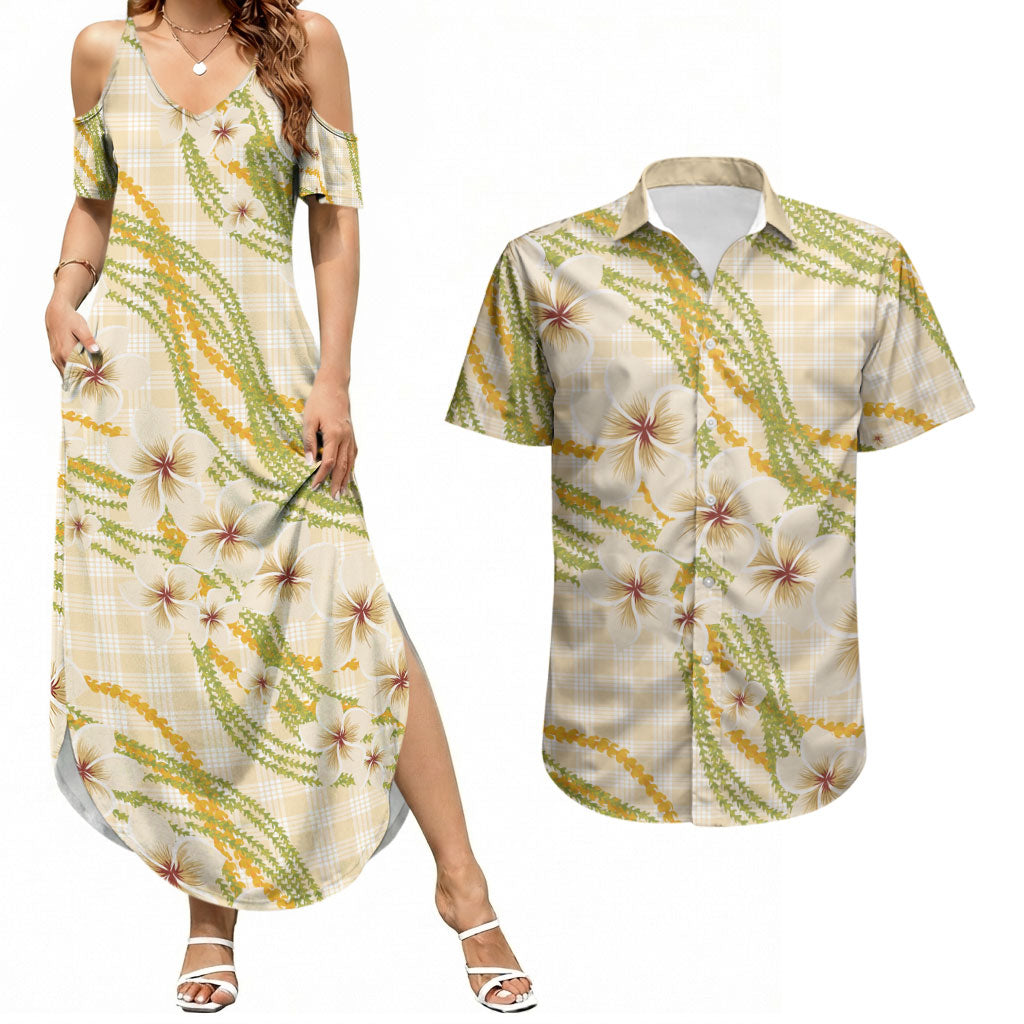 Melemele Ahiahia Hawai'i Palaka Plumeria Couples Matching Summer Maxi Dress and Hawaiian Shirt Puakenikeni and Maile Lei LT9 Pastel Yellow - Polynesian Pride