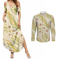 Melemele Ahiahia Hawai'i Palaka Plumeria Couples Matching Summer Maxi Dress and Long Sleeve Button Shirt Puakenikeni and Maile Lei LT9 Pastel Yellow - Polynesian Pride
