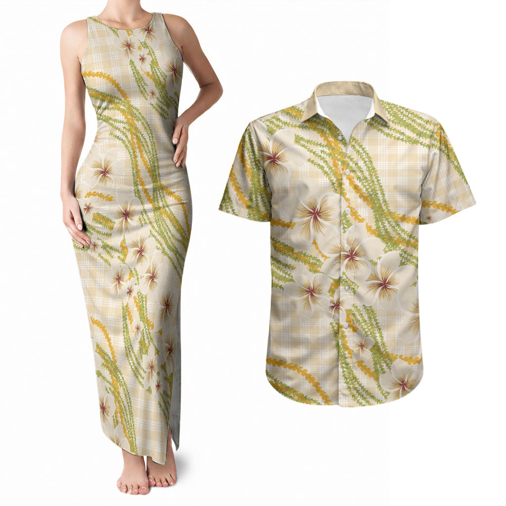 Melemele Ahiahia Hawai'i Palaka Plumeria Couples Matching Tank Maxi Dress and Hawaiian Shirt Puakenikeni and Maile Lei LT9 Pastel Yellow - Polynesian Pride