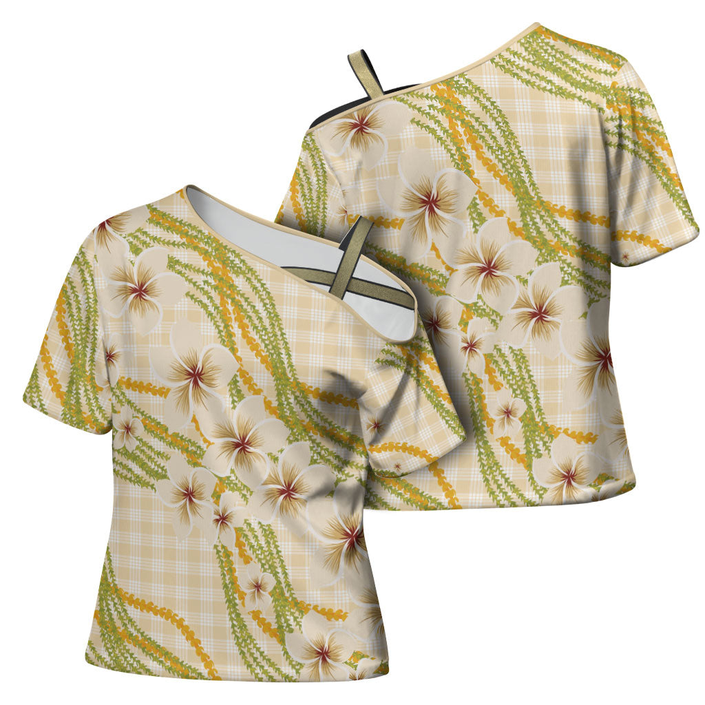 Melemele Ahiahia Hawai'i Palaka Plumeria Cross Shoulder Shirt Puakenikeni and Maile Lei LT9 - Polynesian Pride