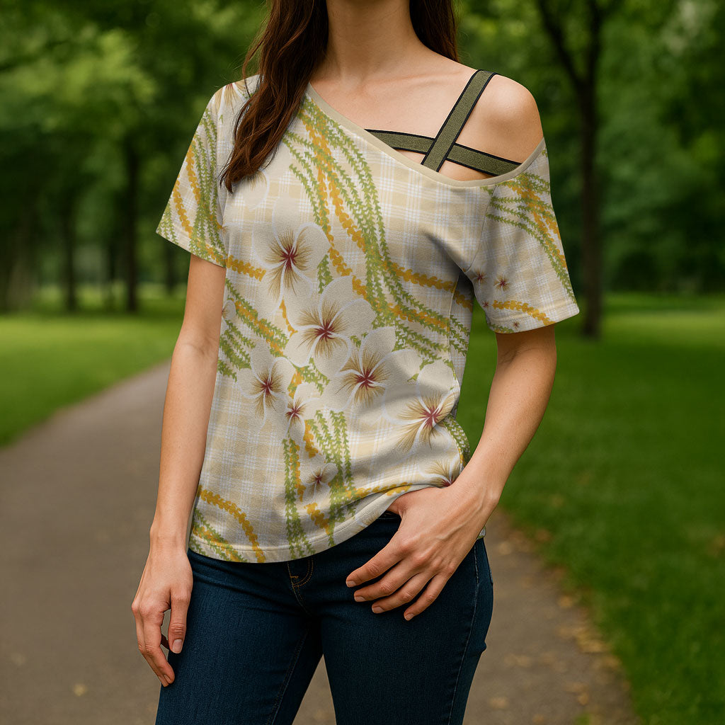 Melemele Ahiahia Hawai'i Palaka Plumeria Cross Shoulder Shirt Puakenikeni and Maile Lei LT9 - Polynesian Pride