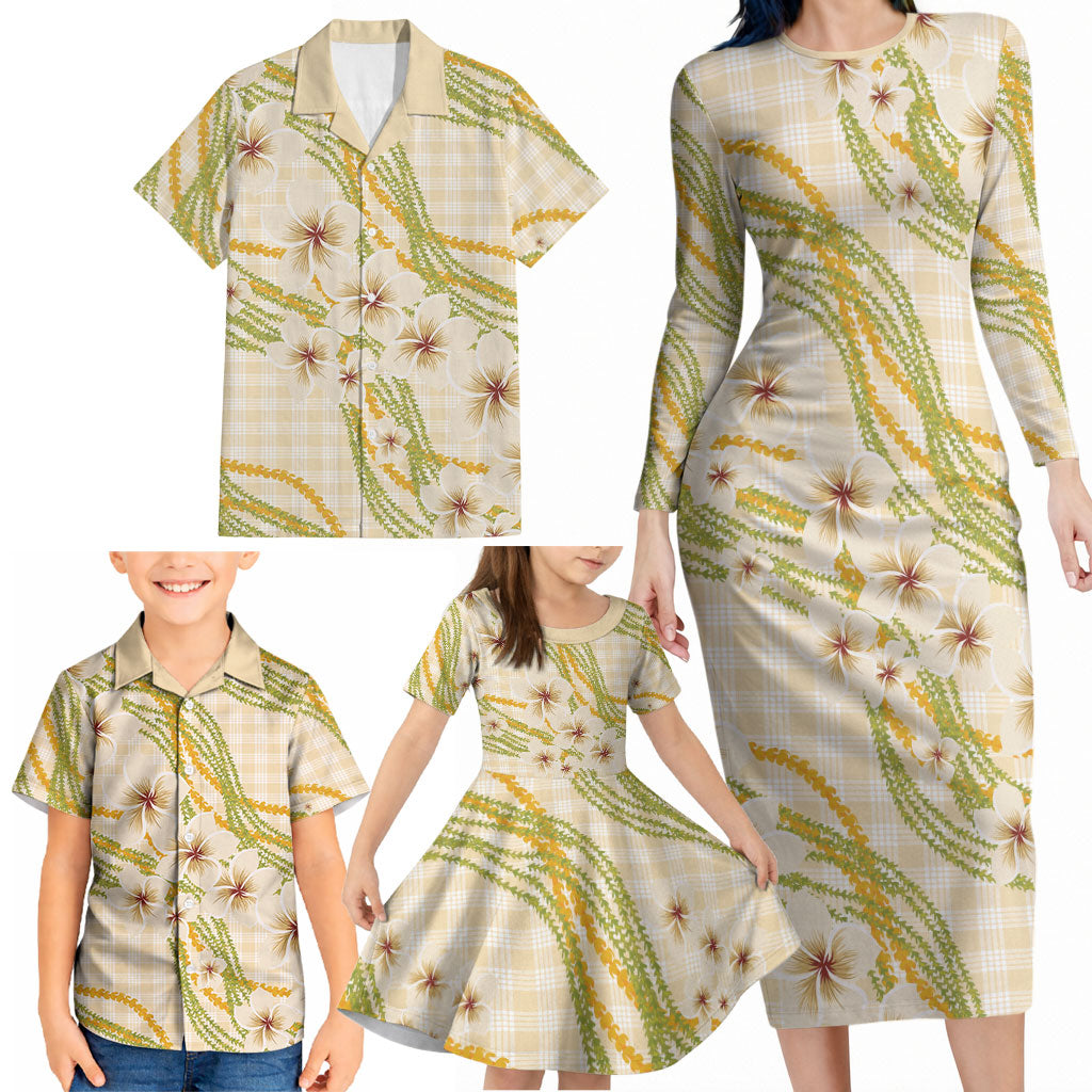 Melemele Ahiahia Hawai'i Palaka Plumeria Family Matching Long Sleeve Bodycon Dress and Hawaiian Shirt Puakenikeni and Maile Lei LT9 - Polynesian Pride