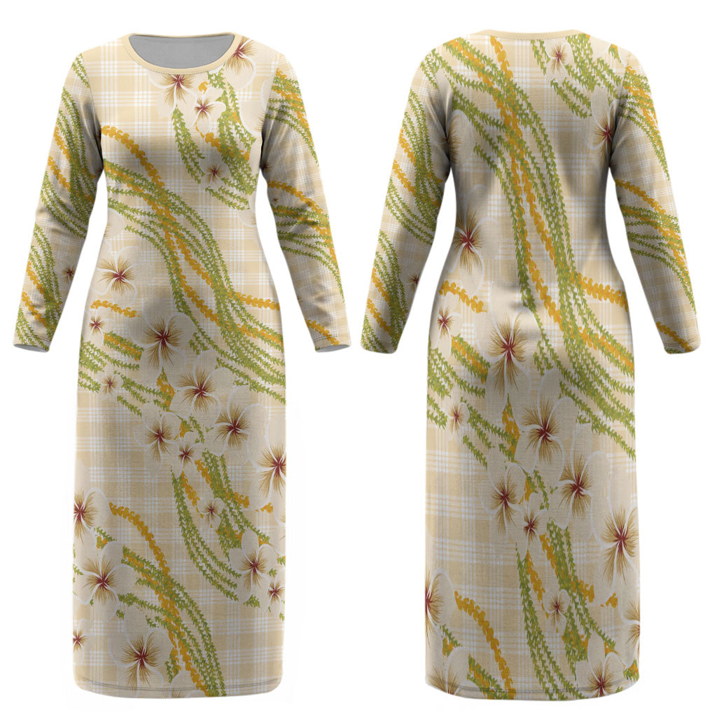 Melemele Ahiahia Hawai'i Palaka Plumeria Family Matching Long Sleeve Bodycon Dress and Hawaiian Shirt Puakenikeni and Maile Lei LT9 Mom's Dress Pastel Yellow - Polynesian Pride
