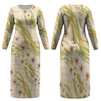 Melemele Ahiahia Hawai'i Palaka Plumeria Family Matching Long Sleeve Bodycon Dress and Hawaiian Shirt Puakenikeni and Maile Lei LT9 Mom's Dress Pastel Yellow - Polynesian Pride
