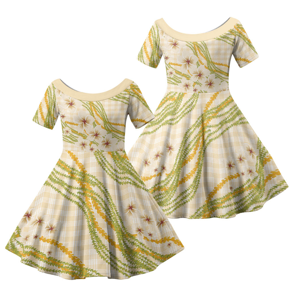 Melemele Ahiahia Hawai'i Palaka Plumeria Family Matching Long Sleeve Bodycon Dress and Hawaiian Shirt Puakenikeni and Maile Lei LT9 Daughter's Dress Pastel Yellow - Polynesian Pride