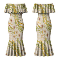 Melemele Ahiahia Hawai'i Palaka Plumeria Family Matching Mermaid Dress and Hawaiian Shirt Puakenikeni and Maile Lei
