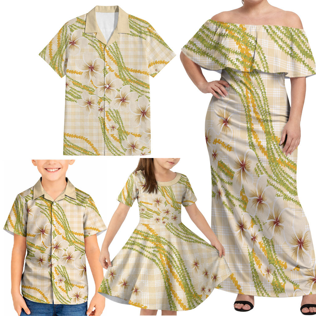 Melemele Ahiahia Hawai'i Palaka Plumeria Family Matching Off Shoulder Maxi Dress and Hawaiian Shirt Puakenikeni and Maile Lei LT9 - Polynesian Pride
