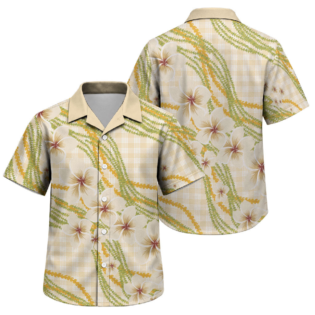 Melemele Ahiahia Hawai'i Palaka Plumeria Family Matching Off Shoulder Maxi Dress and Hawaiian Shirt Puakenikeni and Maile Lei LT9 Son's Shirt Pastel Yellow - Polynesian Pride