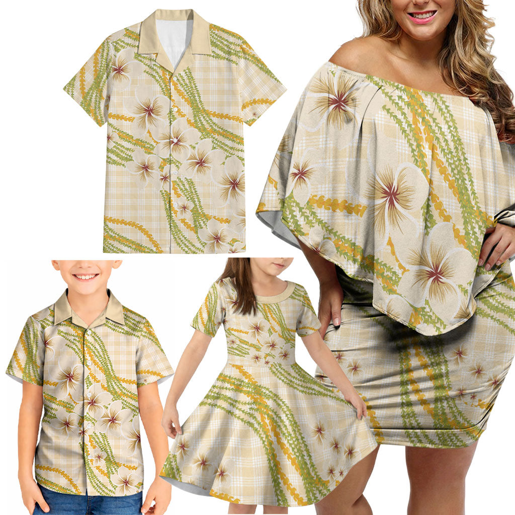 Melemele Ahiahia Hawai'i Palaka Plumeria Family Matching Off Shoulder Short Dress and Hawaiian Shirt Puakenikeni and Maile Lei LT9 - Polynesian Pride