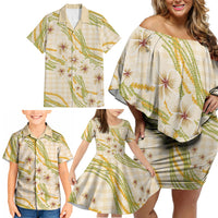 Melemele Ahiahia Hawai'i Palaka Plumeria Family Matching Off Shoulder Short Dress and Hawaiian Shirt Puakenikeni and Maile Lei LT9 - Polynesian Pride