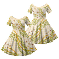 Melemele Ahiahia Hawai'i Palaka Plumeria Family Matching Off Shoulder Short Dress and Hawaiian Shirt Puakenikeni and Maile Lei LT9 Daughter's Dress Pastel Yellow - Polynesian Pride
