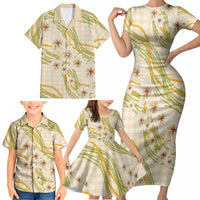 Melemele Ahiahia Hawai'i Palaka Plumeria Family Matching Short Sleeve Bodycon Dress and Hawaiian Shirt Puakenikeni and Maile Lei LT9 - Polynesian Pride