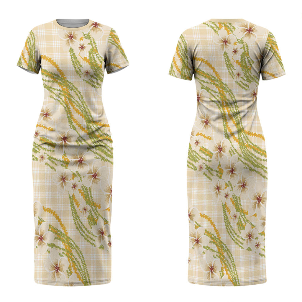 Melemele Ahiahia Hawai'i Palaka Plumeria Family Matching Short Sleeve Bodycon Dress and Hawaiian Shirt Puakenikeni and Maile Lei LT9 Mom's Dress Pastel Yellow - Polynesian Pride