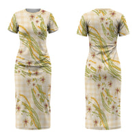 Melemele Ahiahia Hawai'i Palaka Plumeria Family Matching Short Sleeve Bodycon Dress and Hawaiian Shirt Puakenikeni and Maile Lei LT9 Mom's Dress Pastel Yellow - Polynesian Pride