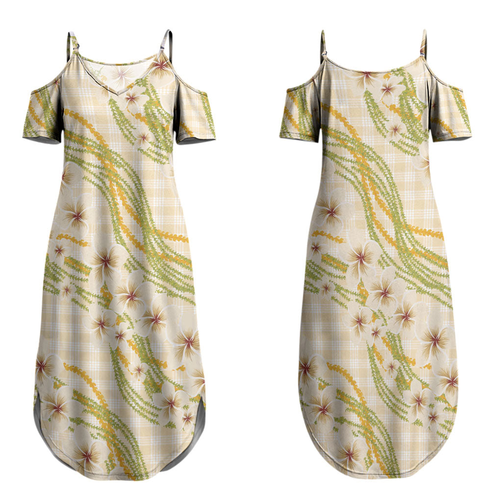 Melemele Ahiahia Hawai'i Palaka Plumeria Family Matching Summer Maxi Dress and Hawaiian Shirt Puakenikeni and Maile Lei LT9 Mom's Dress Pastel Yellow - Polynesian Pride