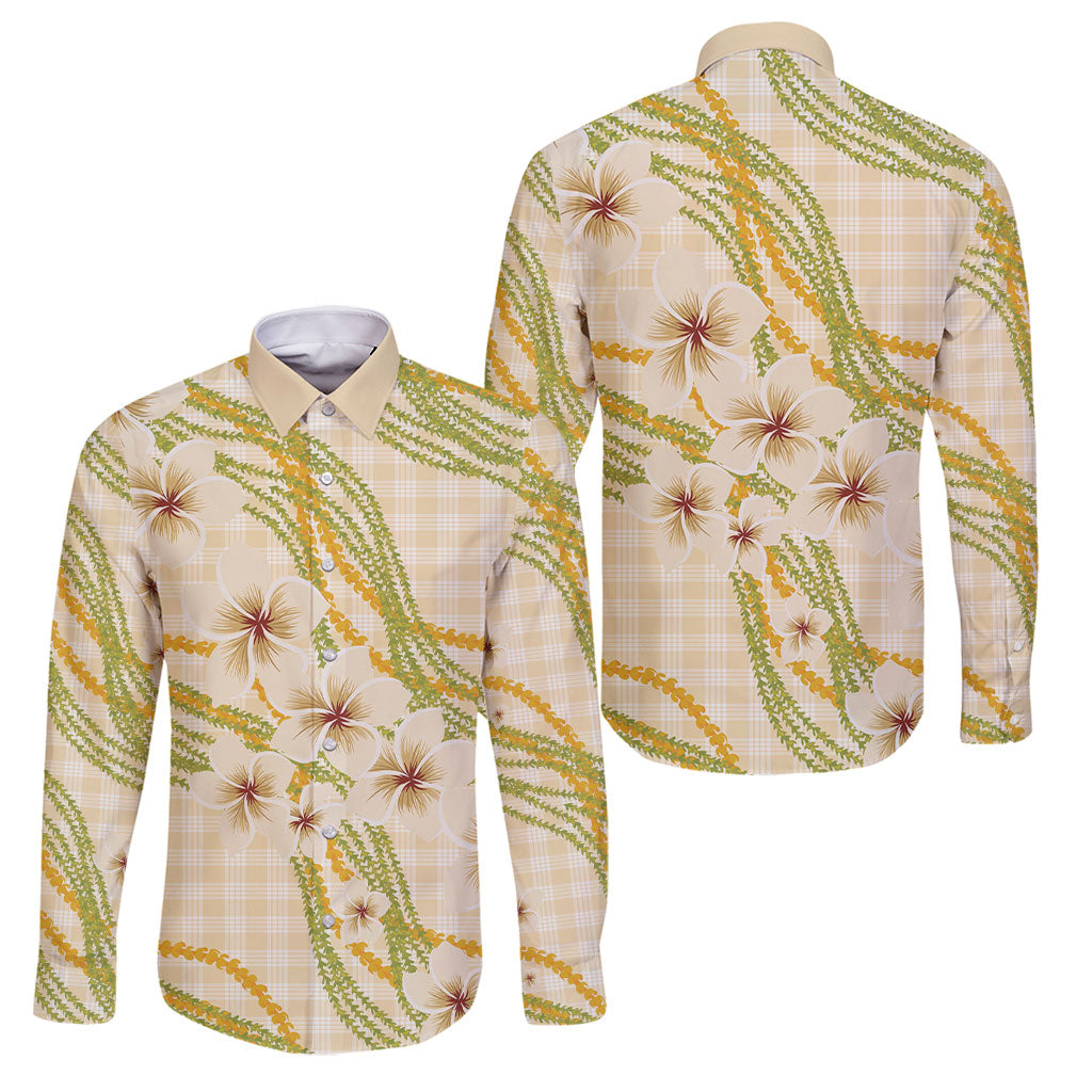 Melemele Ahiahia Hawai'i Palaka Plumeria Family Matching Summer Maxi Dress and Hawaiian Shirt Puakenikeni and Maile Lei LT9 Dad's Shirt - Long Sleeve Pastel Yellow - Polynesian Pride