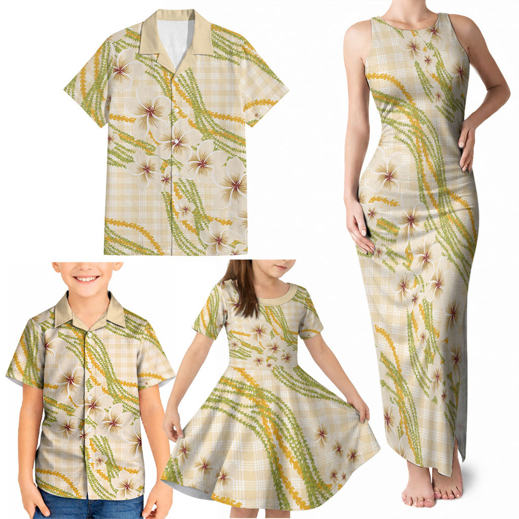 Melemele Ahiahia Hawai'i Palaka Plumeria Family Matching Tank Maxi Dress and Hawaiian Shirt Puakenikeni and Maile Lei LT9 - Polynesian Pride