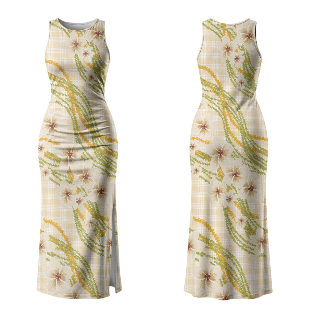 Melemele Ahiahia Hawai'i Palaka Plumeria Family Matching Tank Maxi Dress and Hawaiian Shirt Puakenikeni and Maile Lei LT9 Mom's Dress Pastel Yellow - Polynesian Pride