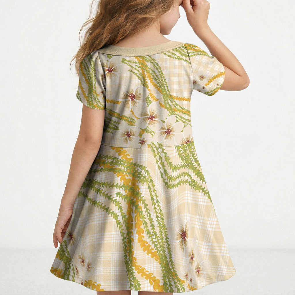 Melemele Ahiahia Hawai'i Palaka Plumeria Kid Short Sleeve Dress Puakenikeni and Maile Lei LT9 - Polynesian Pride