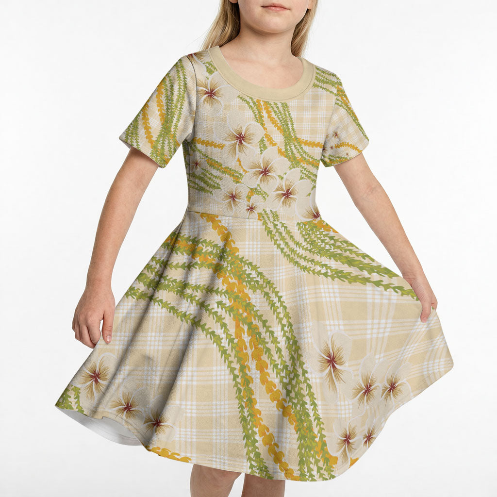 Melemele Ahiahia Hawai'i Palaka Plumeria Kid Short Sleeve Dress Puakenikeni and Maile Lei LT9 - Polynesian Pride