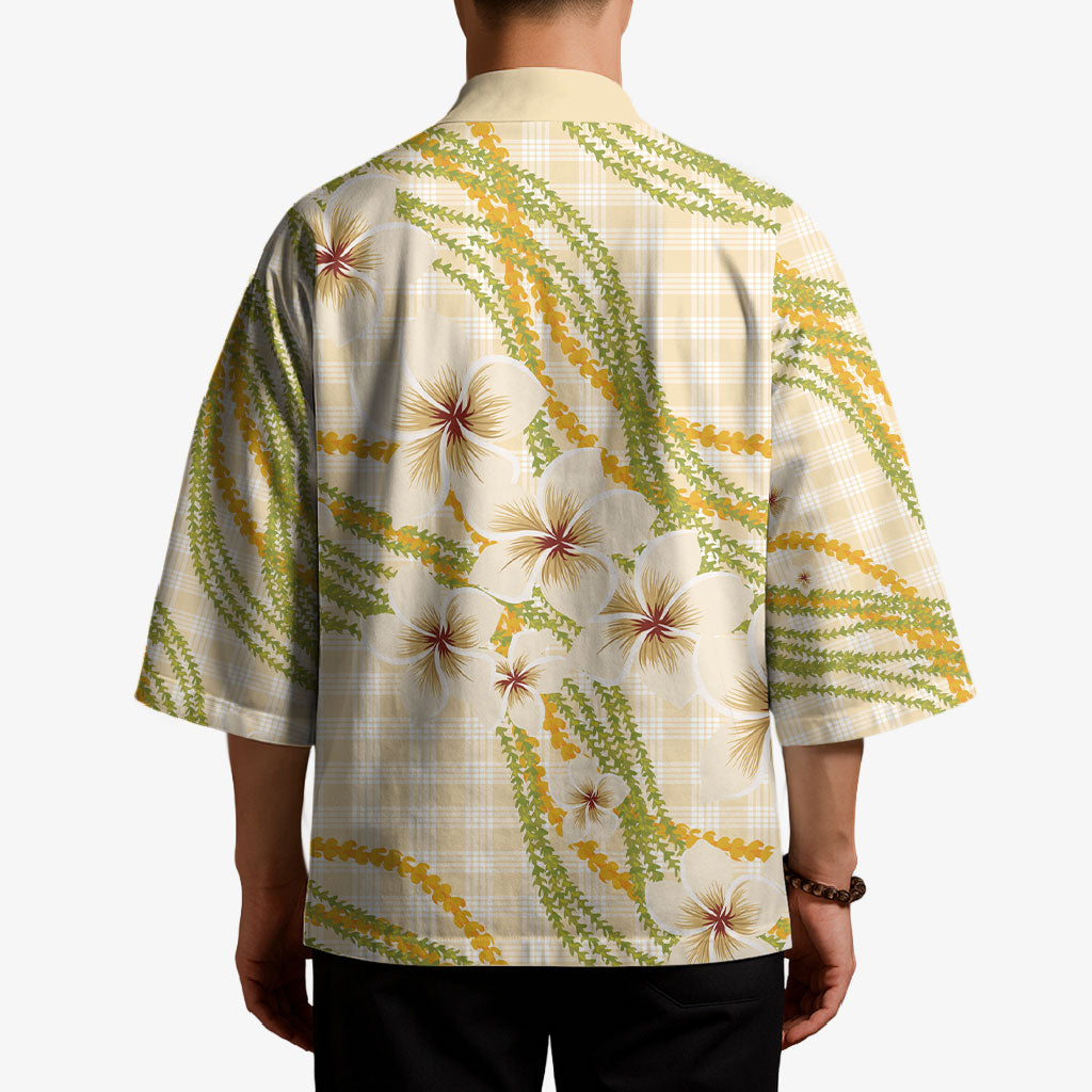 Melemele Ahiahia Hawai'i Palaka Plumeria Kimono Puakenikeni and Maile Lei