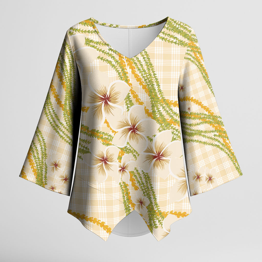 Melemele Ahiahia Hawai'i Palaka Plumeria Kimono Sleeve Blouse Puakenikeni and Maile Lei