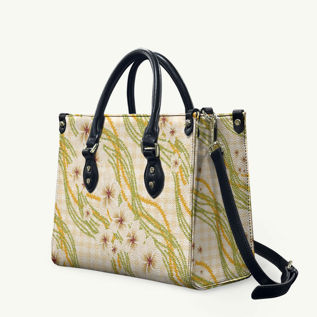 Melemele Ahiahia Hawai'i Palaka Plumeria Leather Bag Puakenikeni and Maile Lei LT9 Pastel Yellow - Polynesian Pride