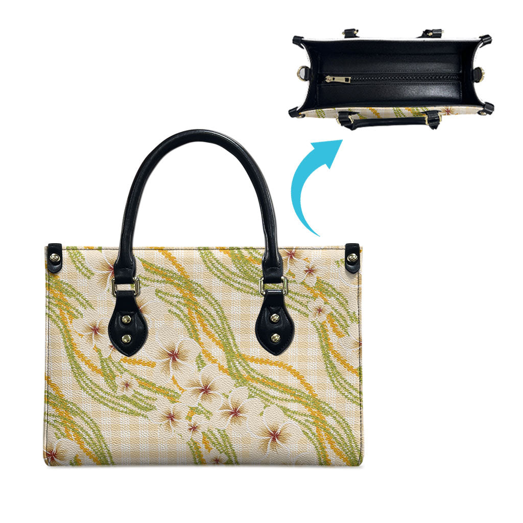 Melemele Ahiahia Hawai'i Palaka Plumeria Leather Bag Puakenikeni and Maile Lei