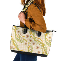 Melemele Ahiahia Hawai'i Palaka Plumeria Leather Tote Bag Puakenikeni and Maile Lei