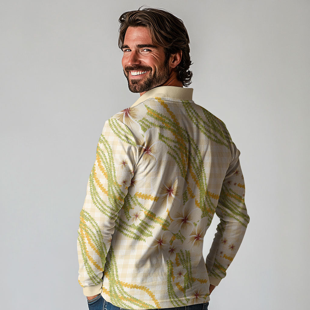 Melemele Ahiahia Hawai'i Palaka Plumeria Long Sleeve Polo Shirt Puakenikeni and Maile Lei LT9 - Polynesian Pride
