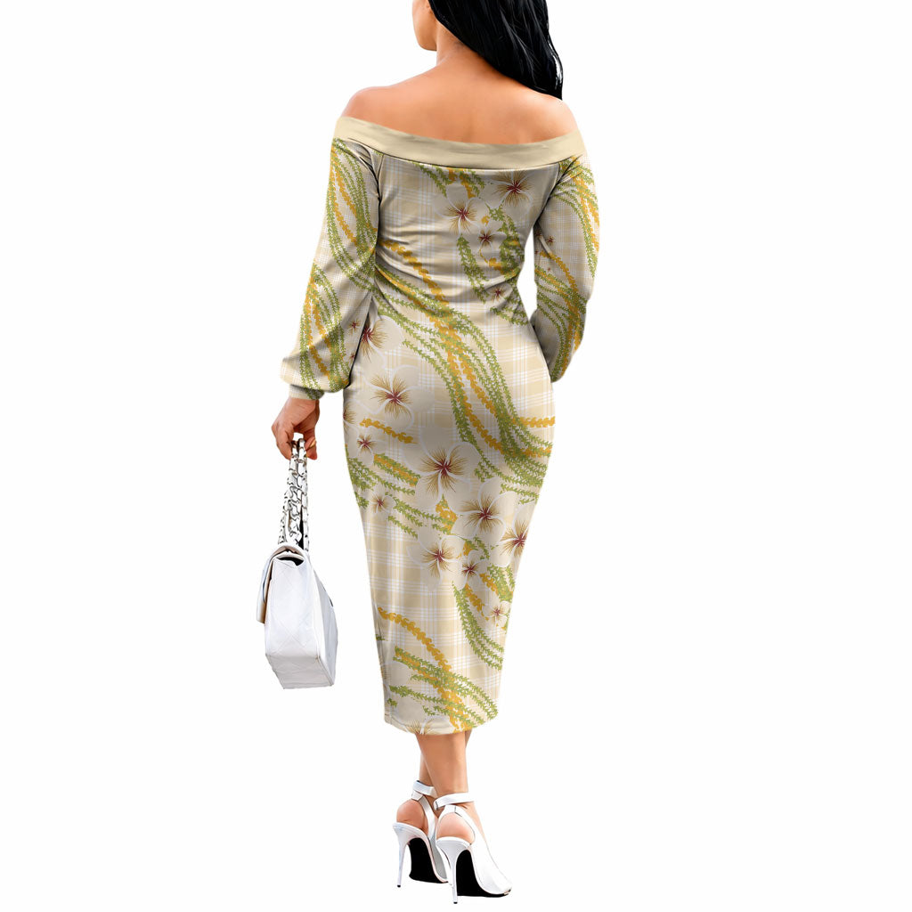 Melemele Ahiahia Hawai'i Palaka Plumeria Off The Shoulder Long Sleeve Dress Puakenikeni and Maile Lei LT9 - Polynesian Pride